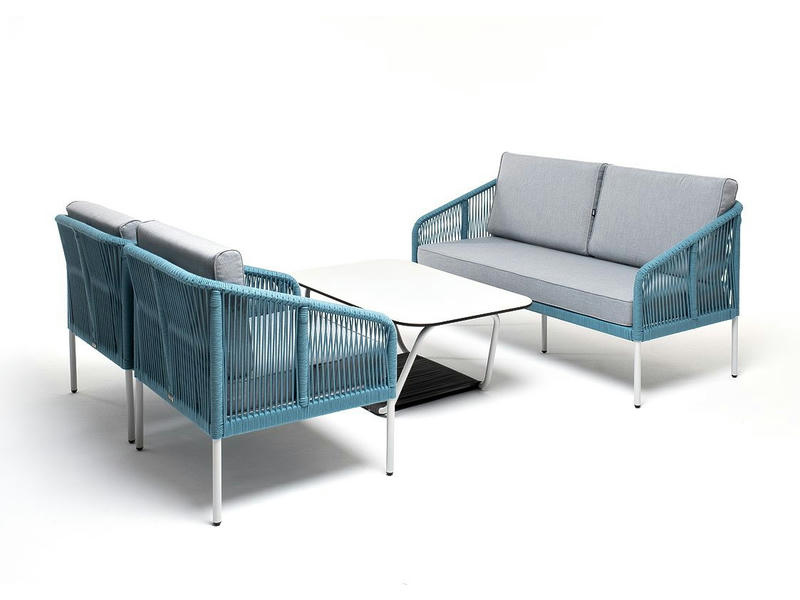 Канны лаунж-зона 4-местная из роупа со столом Глория (молочный), каркас алюминиевый светло-серый, роуп бирюзовый