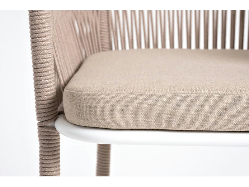 Марсель стул барный плетеный из роупа, каркас из стали белый муар, роуп бежевый круглый, ткань бежевая
