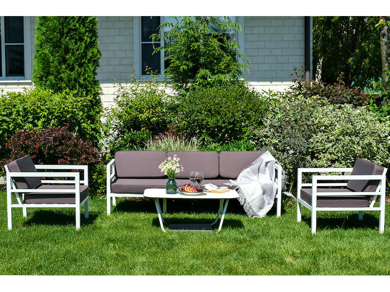 Эстелья диван 3-местный, каркас алюминий белый муар, ткань темно-серая 027